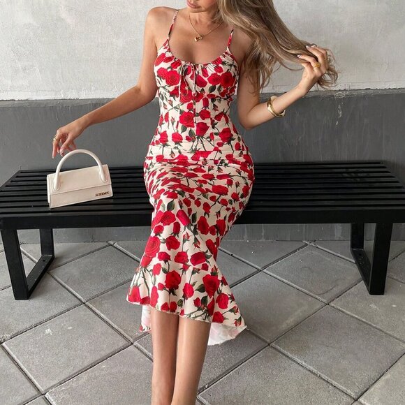 Red Boho Women's Elegant Floral Rose Print Sleeveless Dress - Picture 6 of 7